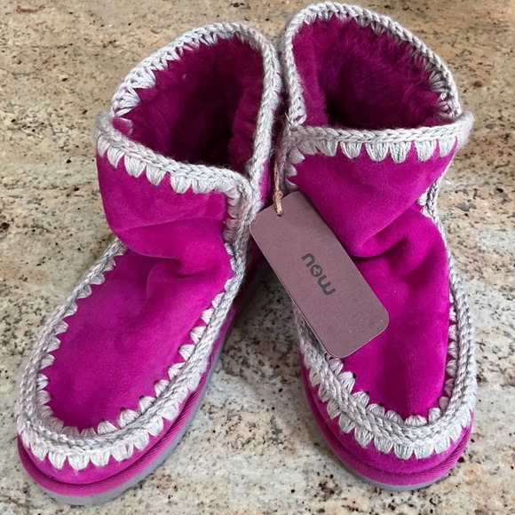 Free People MOU Glacier Shearling Ankle Boots Pink Tan Stitched Fur Lined - Picture 9 of 9